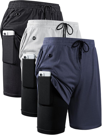 Mens 2 in 1 Running Shorts Quick Dry Gym Athletic Workout Clothes with Side Pockets